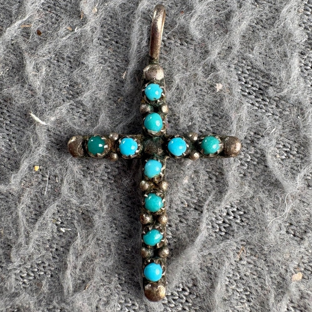 Vintage Sterling Silver Turquoise Cross Pendant Southwestern Religious Charm